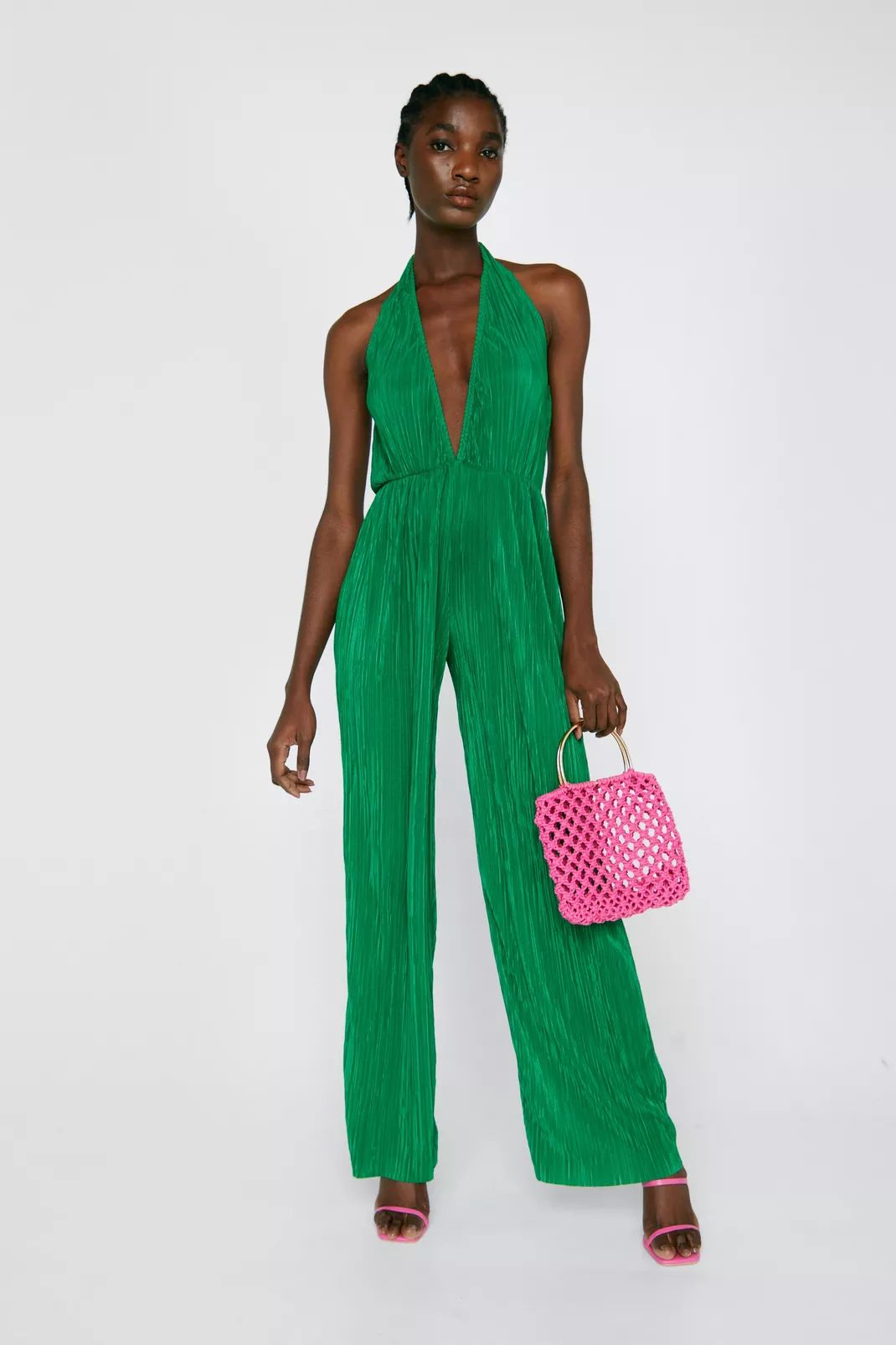 Plisse Plunge Neck Jumpsuit | Nasty Gal (US)