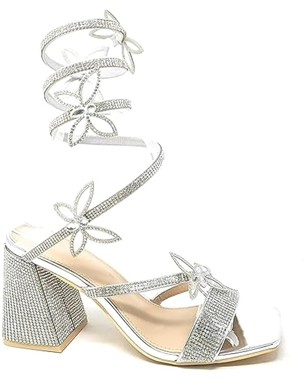 Wild Diva Women Butterfly Rhinestone Spiral Ankle Strap Square Toe Low Block Heels | Amazon (US)