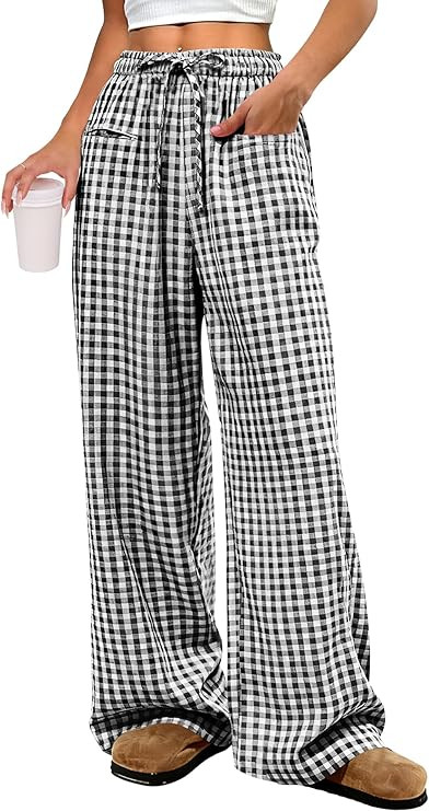 ANRABESS Womens Striped Gingham Pants 2026 Pajama Drawstring Wide Leg Lounge Plaid Pants Cute Cas... | Amazon (US)