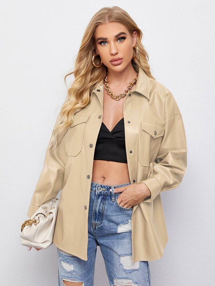 SHEIN Drop Shoulder Flap Pocket Curved Hem PU Coat | SHEIN