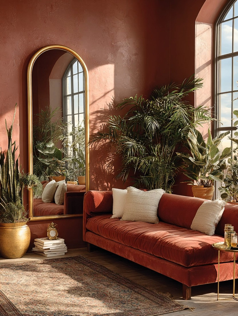 This modern mid-century living room look is all about warmth, balance, and effortless glamour. A bold gold frame mirror instantly becomes the statement piece, reflecting light and visually expanding the space while adding that unmistakable touch of luxury. Paired with a soft burgundy velvet sofa, this combination creates a rich, inviting foundation that feels both modern and timeless. The light burgundy tone keeps the space warm without feeling heavy, making it perfect for contemporary homes, apartments, or loft-style interiors.

Layering lots of cushions in neutral tones, textured fabrics, and soft patterns adds depth and comfort while enhancing the mid-century modern aesthetic. Cushions are one of the easiest ways to elevate a living room, and when paired with velvet sofas, they bring both visual interest and cozy sophistication. Adding greenery is key here — lush indoor plants balance the warmth of burgundy, gold, and earthy wall tones, bringing freshness, movement, and a natural contrast that keeps the space feeling alive and grounded.

Small gold accents, like planters, decor objects, or trays, tie the look together without overpowering it. This is a perfect example of modern mid-century home decor where bold elements meet thoughtful styling. The mix of velvet textures, sculptural mirrors, indoor plants, and warm metals creates a glamorous yet livable space that feels curated, not overdone. This look works beautifully in living rooms, lounge areas, reading corners, or even styled entry spaces where you want instant impact.

If you’re looking to add instant glamour to your home, start with a gold frame mirror, introduce a burgundy or rust-toned velvet sofa, layer cushions generously, and bring in greenery to soften and balance the palette. This approach proves that modern mid-century design can be bold, warm, and deeply stylish while still feeling comfortable and inviting.

modernmidcentury
livingroomdecor
velvetsofa 

 #LTKHome