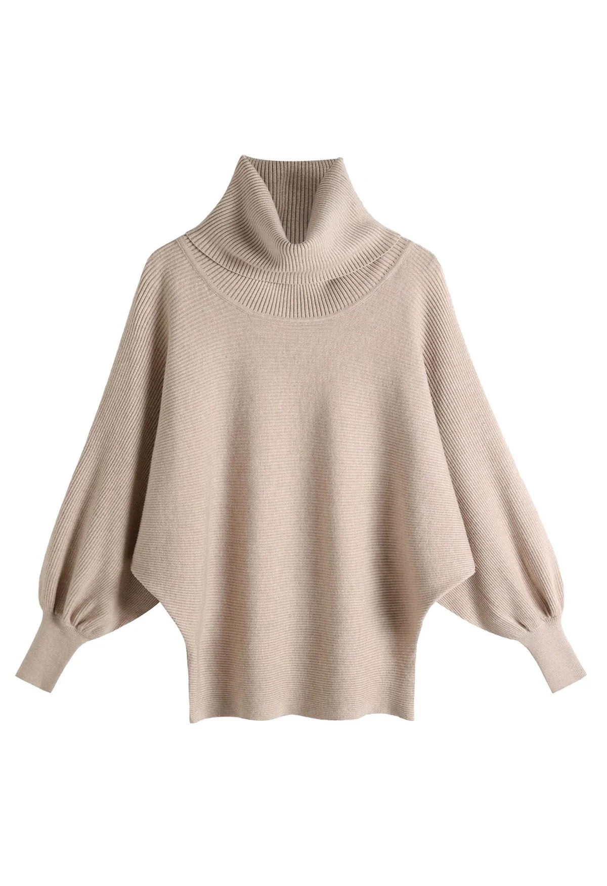 Turtleneck Batwing Sleeves Rib Sweater in Camel | Chicwish