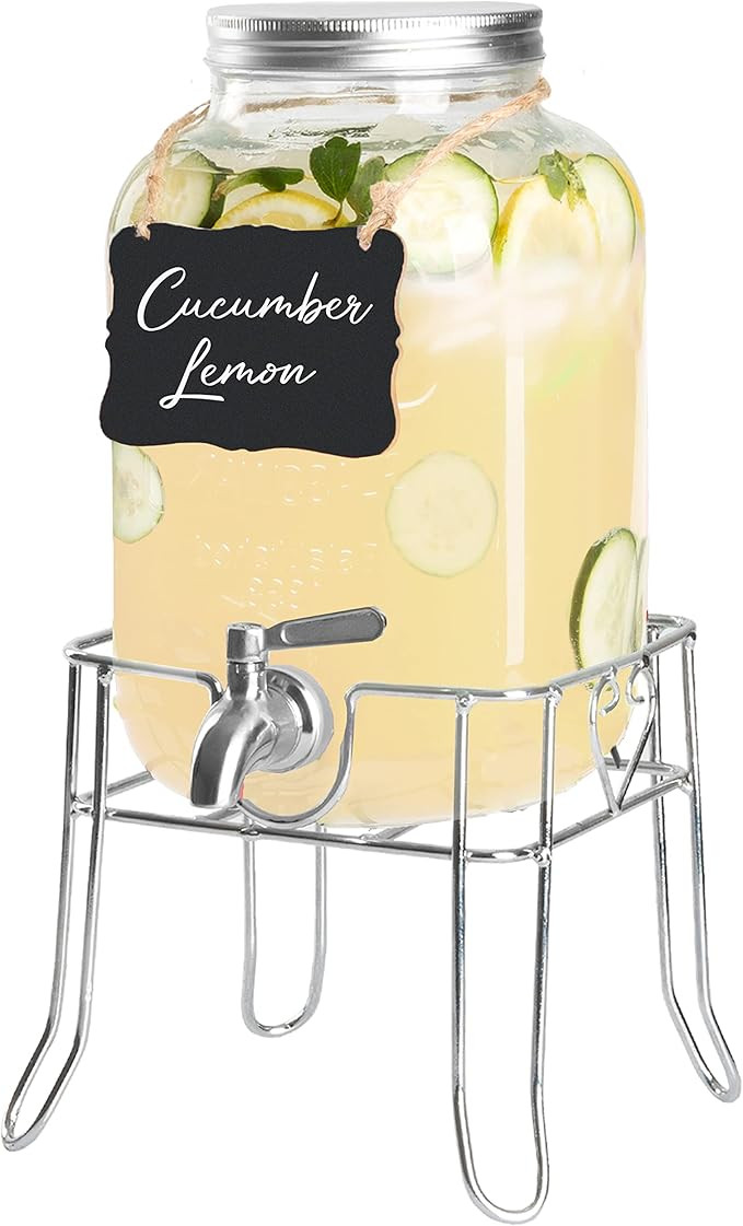 Outdoor Glass Beverage Dispenser with Sturdy Metal Base, Stainless Steel Spigot & Hanging Chalkbo... | Amazon (US)