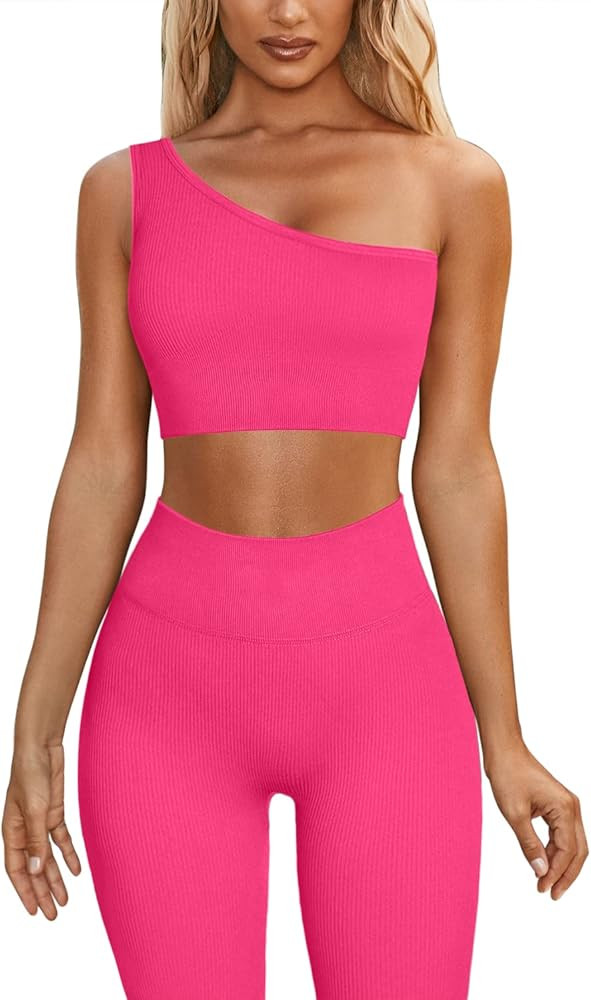 QINSEN 2 Pieces Workout Sets for Women One Shoulder Ribbed Sport Bra Seamless High Waist Leggings... | Amazon (US)