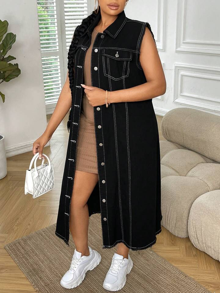 SHEIN SXY Plus Flap Pocket Button Front Vest Denim Coat Without Belt | SHEIN