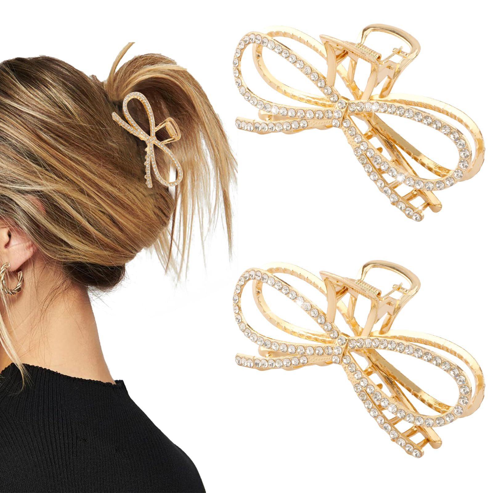 2Pcs Gold Bow Claw Clips for Women, Cute Stylish Metal Hair Claw Clips with Rhinestones for Women... | Amazon (US)