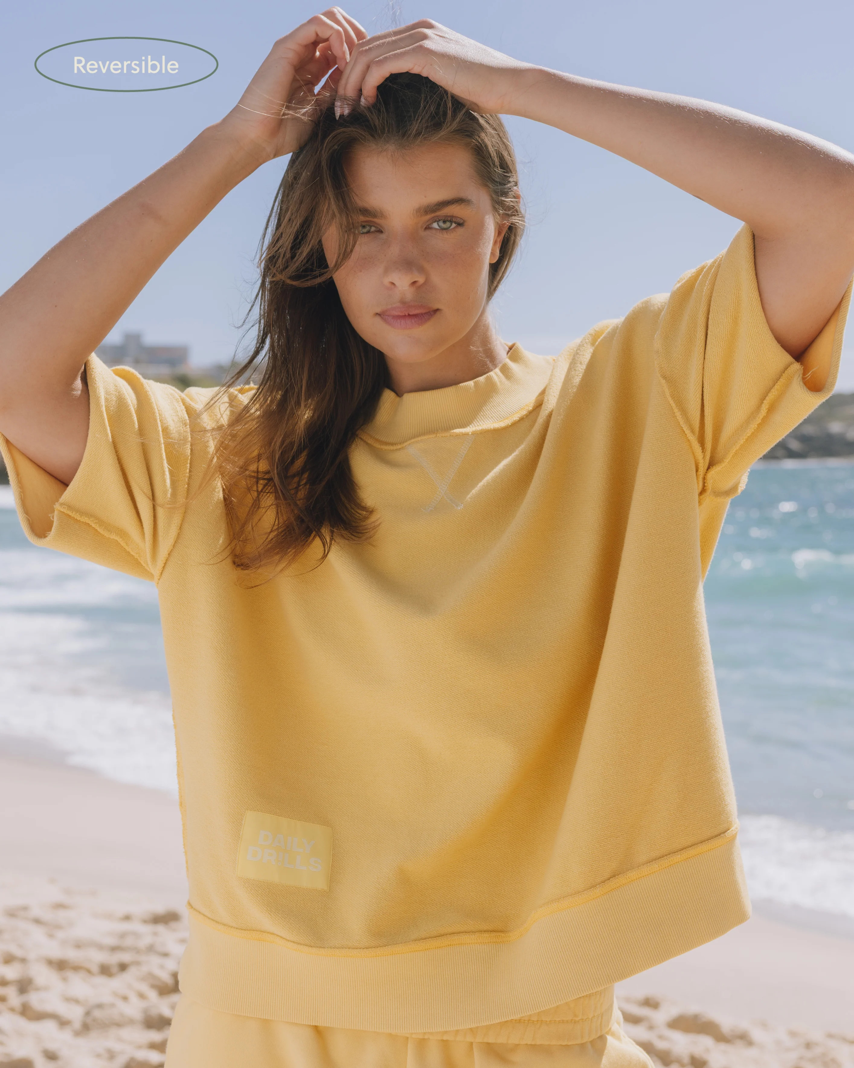 Cropped Sleeve Vintage Crew - Sunny + Butter with Tonal Patch | Daily Drills LLC