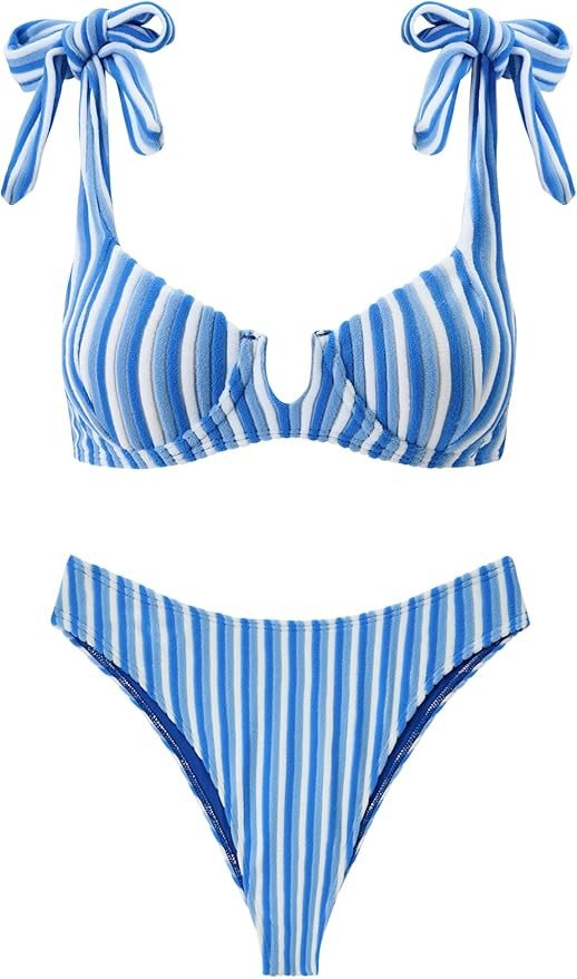 Underwire Bikini Sets for Women Retro Striped Terry Textured Bathing Suit Cute Y2K Bow Tie Should... | Amazon (US)