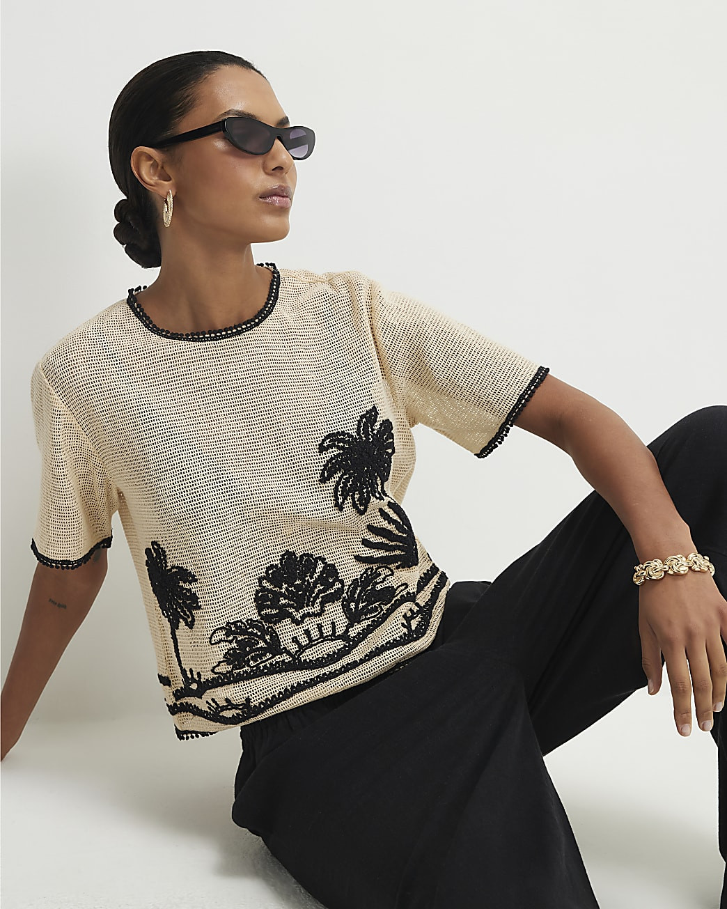 Cream Crochet Palm Print Boxy Top | River Island UK & IE