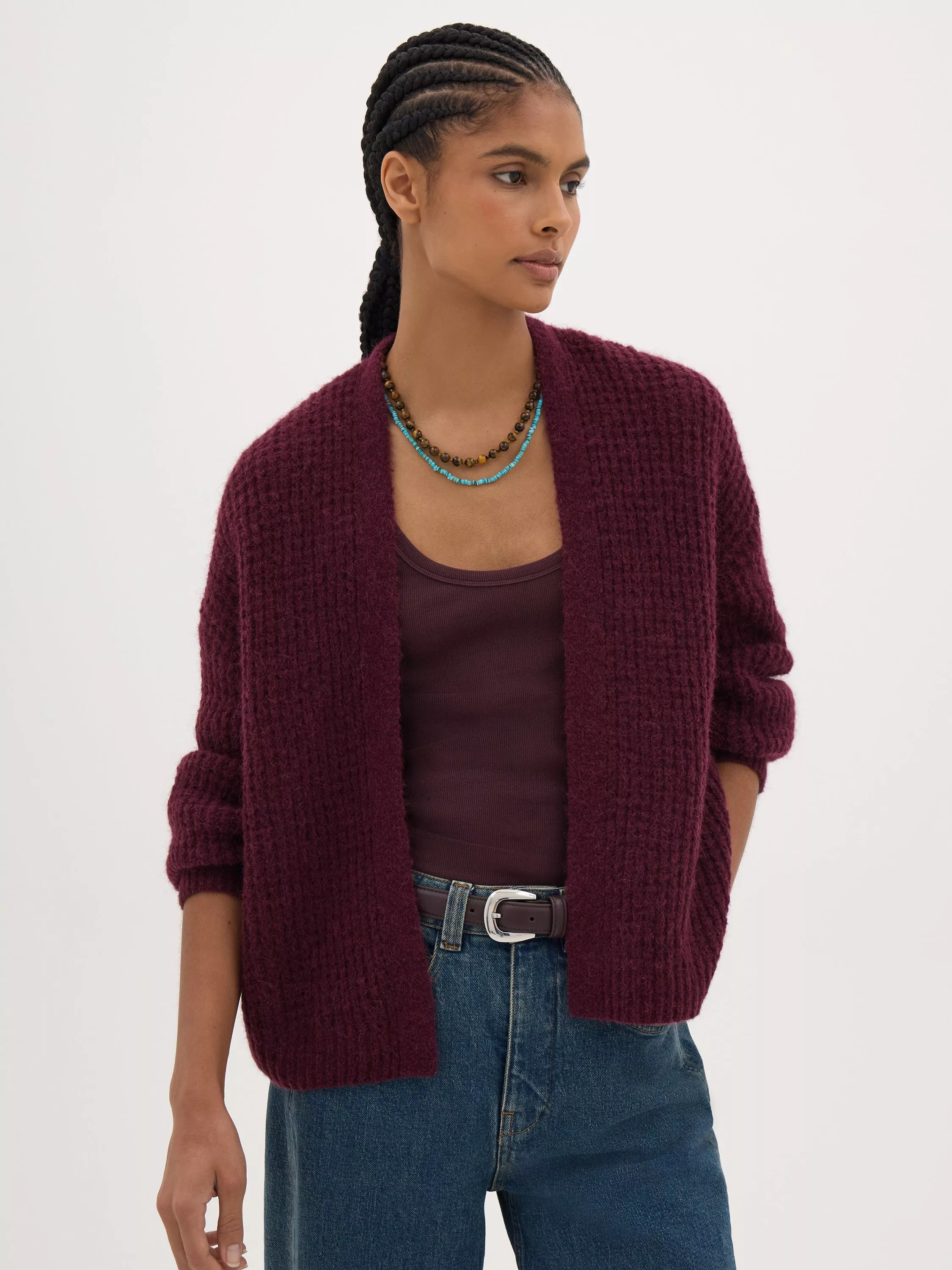 Flossie Wool Open Neck Cardigan, Burgundy Red | John Lewis (UK)