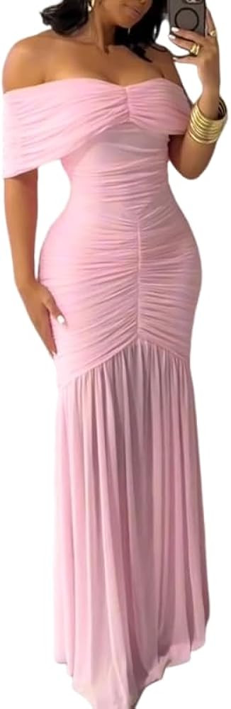 Women's Formal Dress Off Shoulder Cinched Waist Ruched Slim Fit Dress Mermaid Hem Maxi Cocktail P... | Amazon (US)