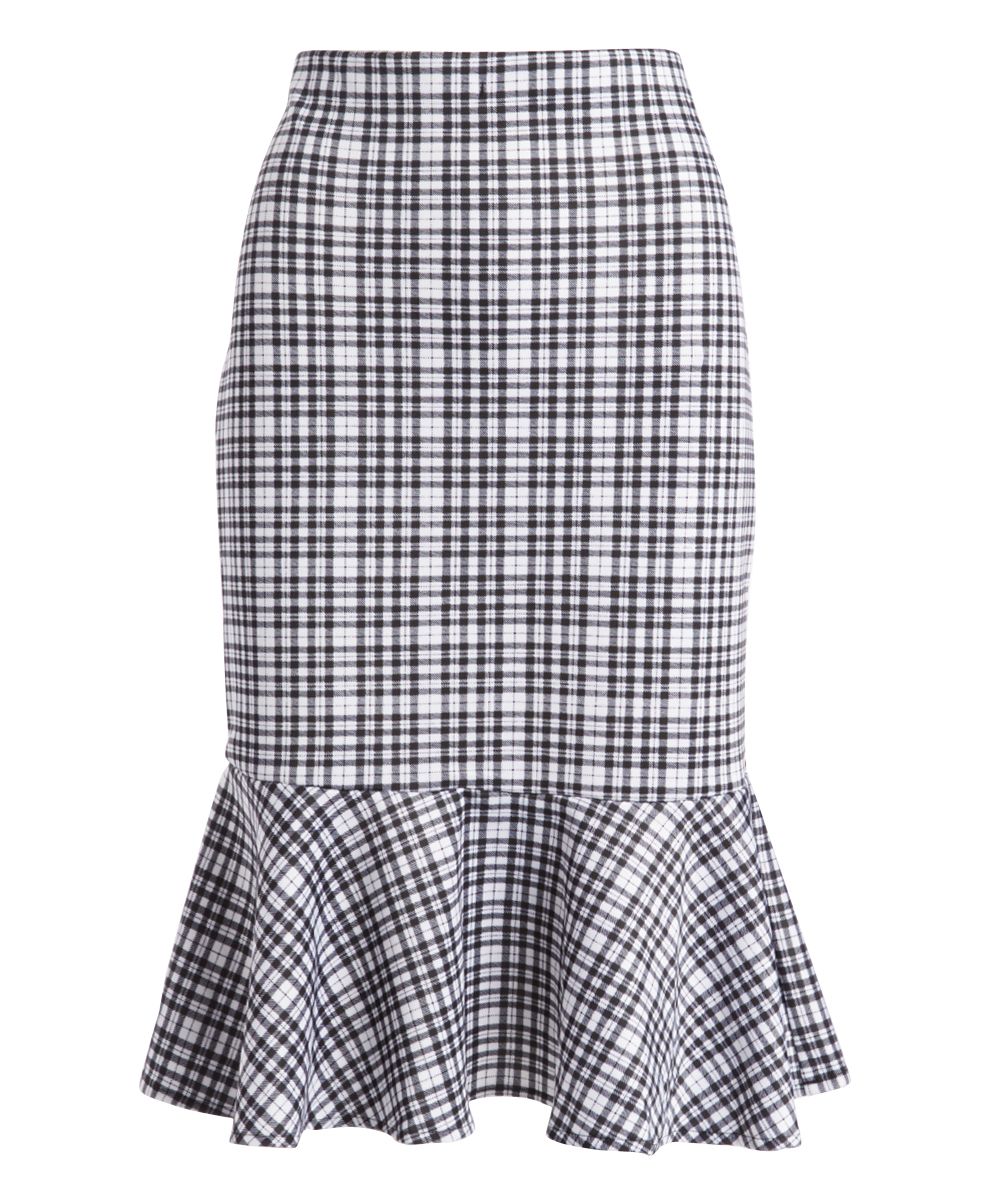 jon & anna Women's Casual Skirts Black/White - Black & White Plaid Ruffle-Hem Pencil Skirt - Women | Zulily