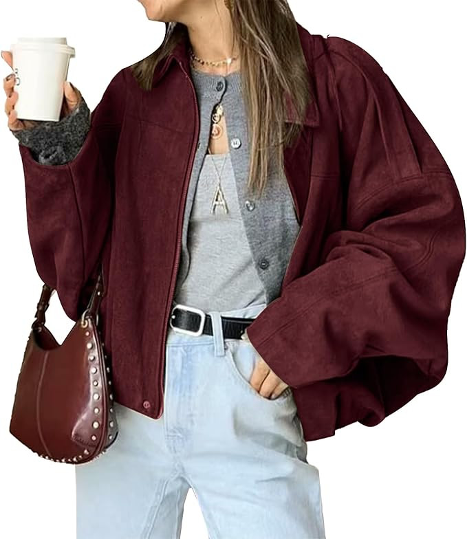 HOTIAN Women's Faux Suede Bomber Jacket Zipper Pilot Coat Casual Lapel Oversized Long Sleeves Y2K... | Amazon (US)