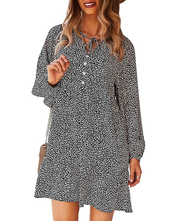 TEMOFON Womens Long Sleeve Dress: Leopard Printed Tunic Casual Loose V Neck Fall Flowy Mini Dress... | Amazon (US)