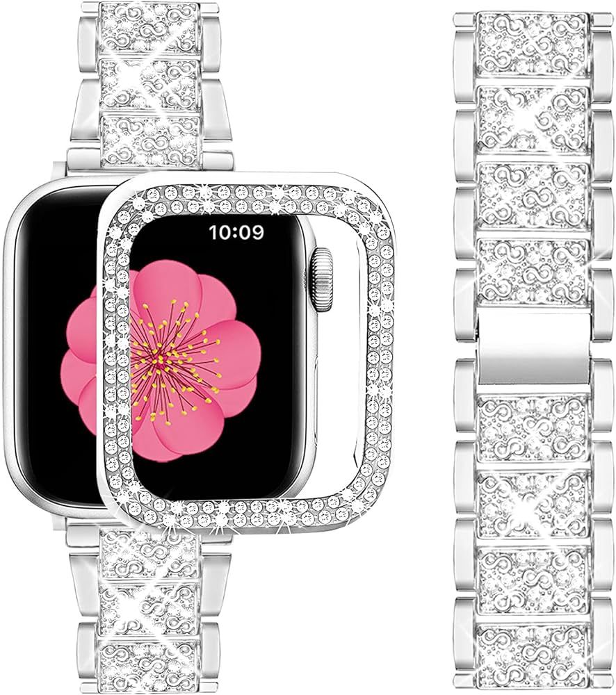 SUPOIX Compatible with Apple Watch Band 38mm + Case, Women Jewelry Bling Diamond Metal Strap & 2 ... | Amazon (US)