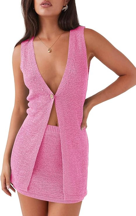 Tankaneo Womens 2 Piece Vacation Sets Sleeveless V Neck Long Vest Knit Top and Mini Skirt Summer ... | Amazon (US)