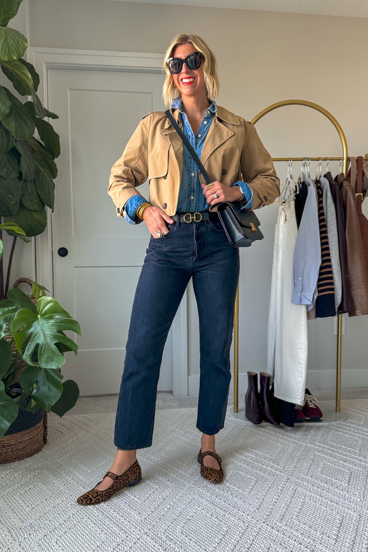 Fall capsule outfit: denim shirt, black jeans, leopard flats, cropped trench coat + crossbody bag! This is a great elevated, casual look for everyday 

#LTKStyleTip #LTKOver40 #LTKMidsize
