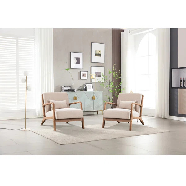 Bonnita 26" Wide Modern Linen Solid Wood Arm Accent Chair with Pillow | Wayfair North America