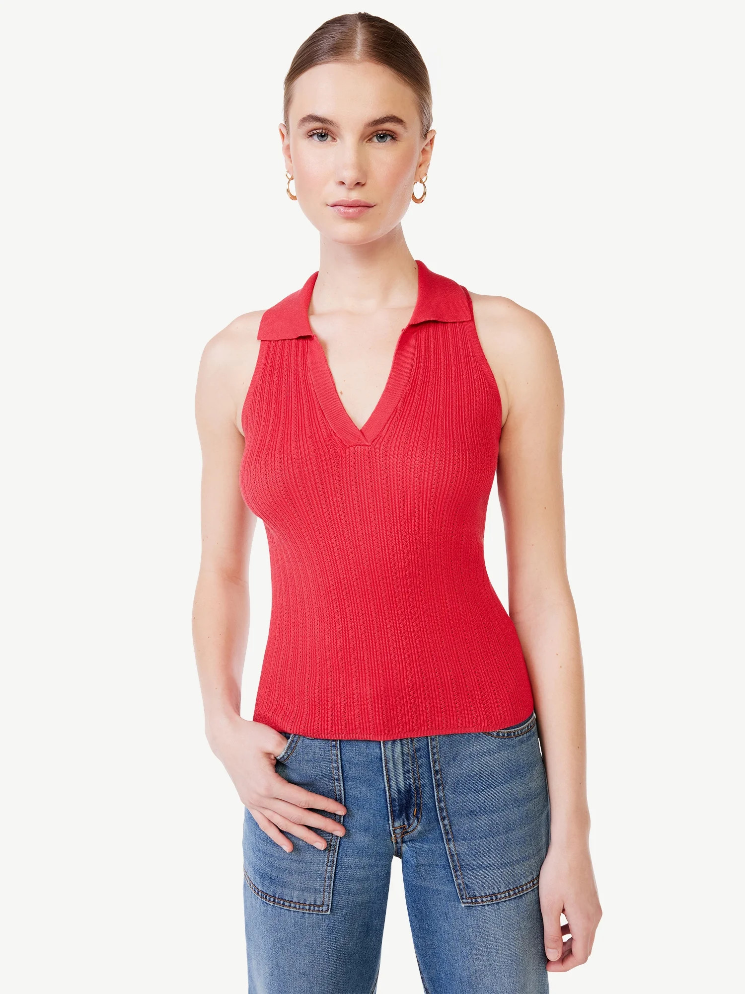 Scoop Women's Ribbed Sleeveless Polo Shirt | Walmart (US)