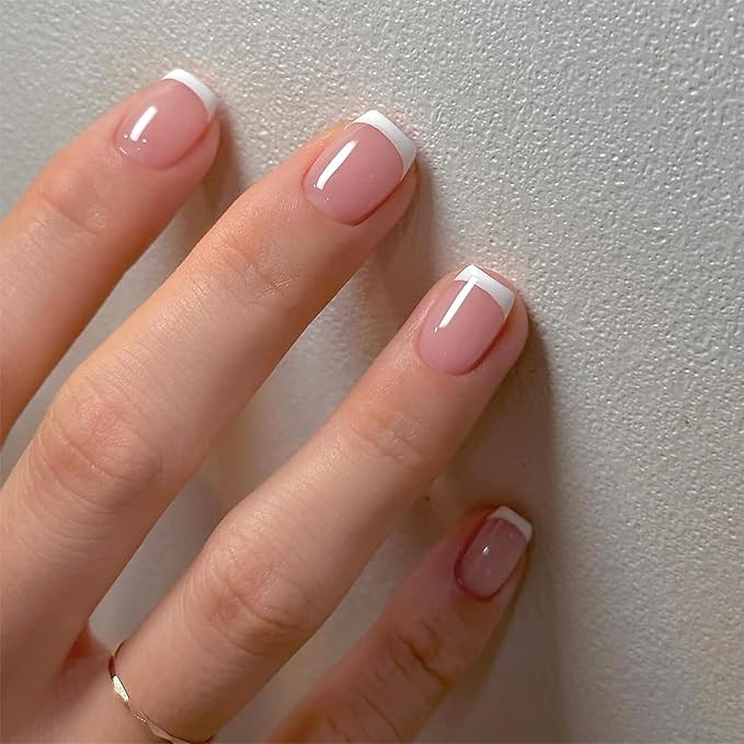 White French Tip Press on Nails Short Square Fake Nails Mirror Acrylic Glue on Nails Reusable Sti... | Amazon (US)