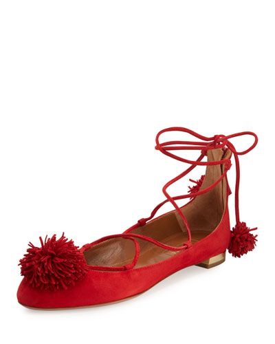 Sunshine Suede Ankle-Wrap Flat, Red | Bergdorf Goodman