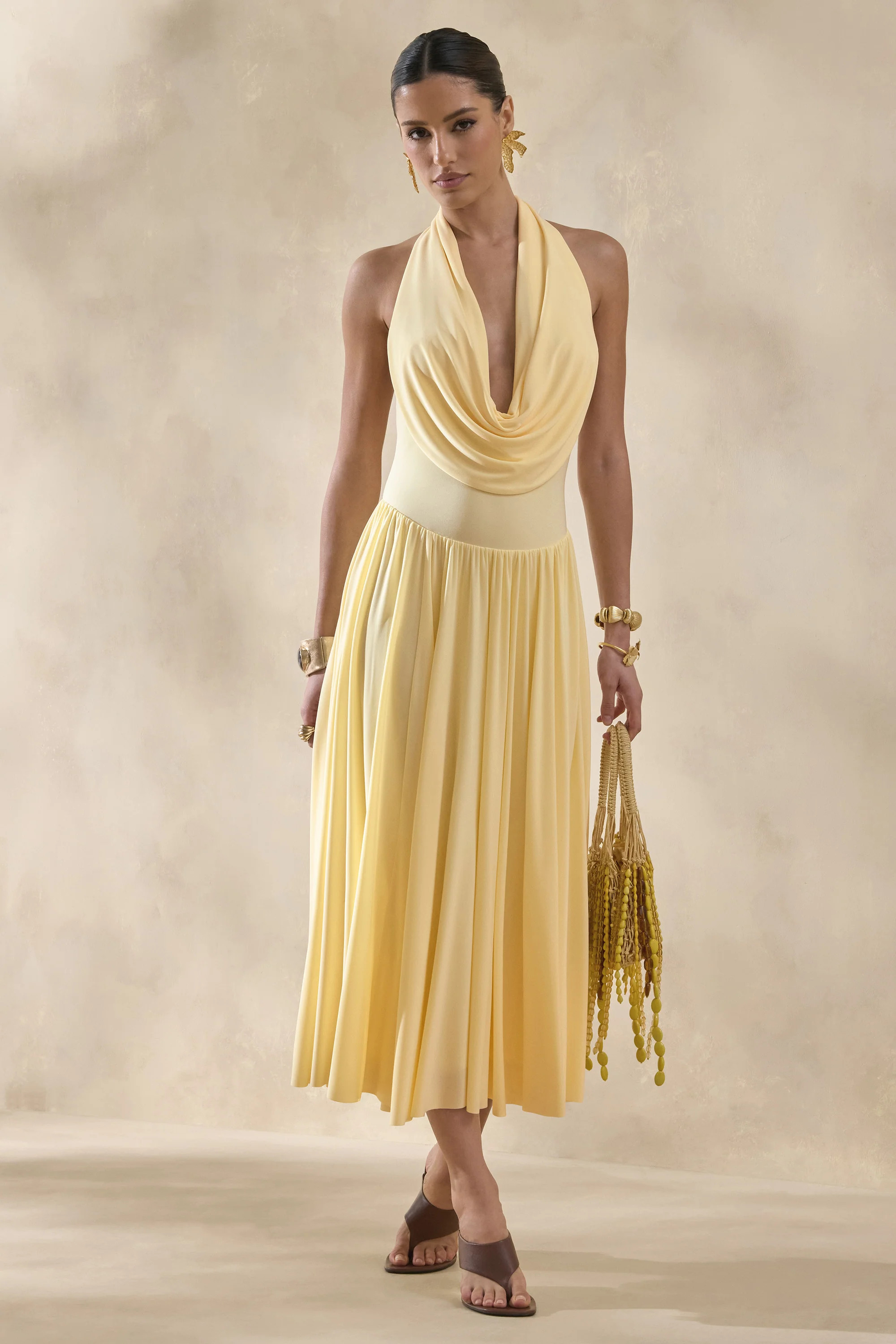 Veyra | Lemon Plunge Cowl-Neck Midi Dress | Club L London