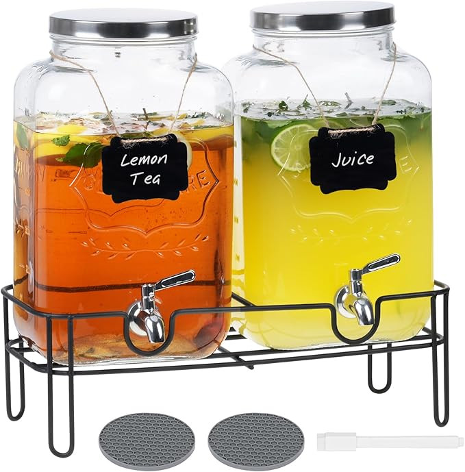 Moretoes 2 Gallon Glass Drinks Dispenser for Parties, 2 PACK Beverage Dispenser with Stand for Ju... | Amazon (US)