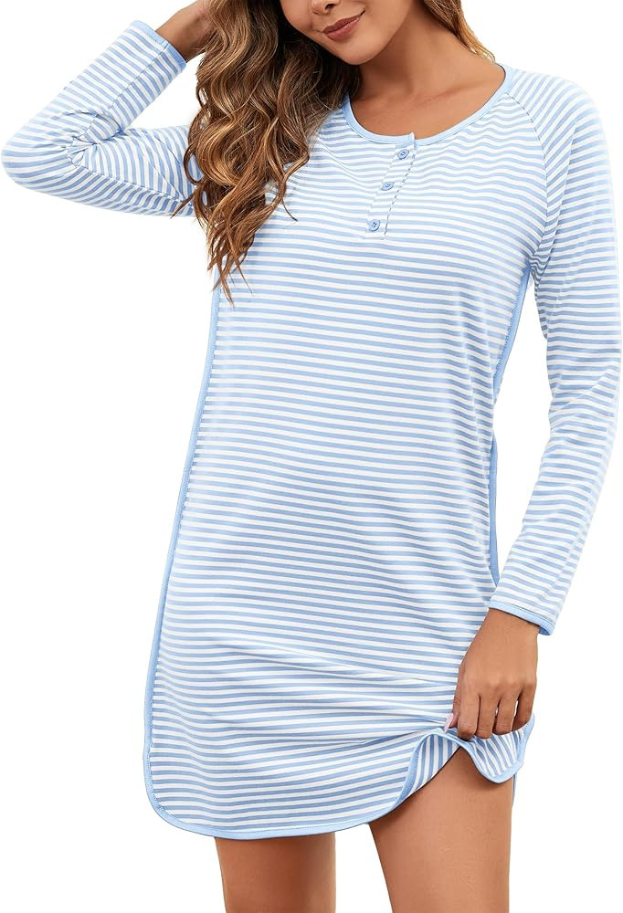 VibeVista Nightgowns for Women Soft Cotton Striped Sleepwear Sleep Shirts Long Sleeve Crew Neck H... | Amazon (US)