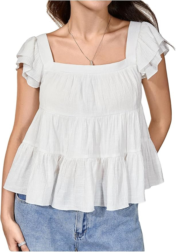 SweatyRocks Women's Ruffle Cap Sleeve Square Neck Flared Hem Blouse Shirt Tops | Amazon (US)