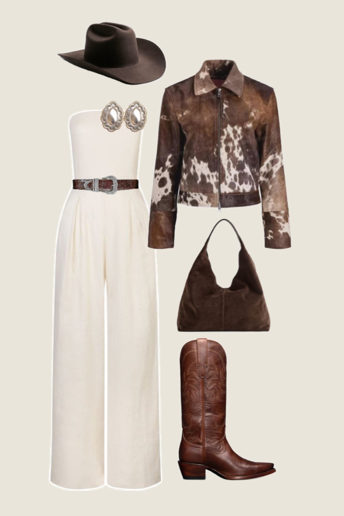 Western outfit 🌾🤠 perfect for the rodeo, western themed party, or a mountain vacation! 

Cowhide jacket, white pant jumpsuit, brown cowboy boots, brown Tecovas, cowgirl style, western chic outfit, suede brown tote bag, western belt

#LTKSeasonal