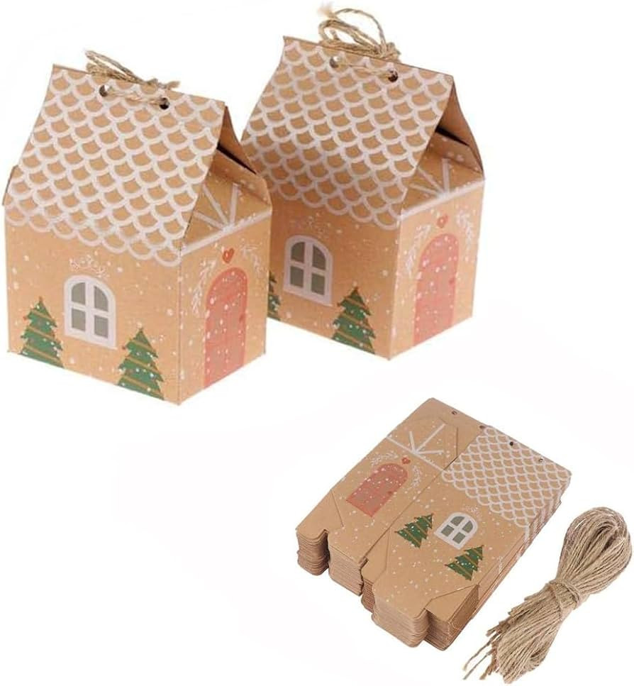 Welecom 50Pcs Christmas House Shaped Candy Bags Sweet Paper Treat Bags Wedding Christmas Tree Gif... | Amazon (US)