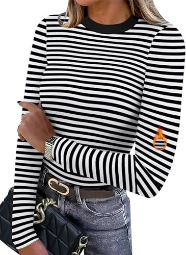 XIEERDUO Womens Long Sleeve Thermal Shirt Fleece Mock Neck Tops 2025 Fall Winter Fashion Outfits Stripe Black 2XL | Amazon (US)