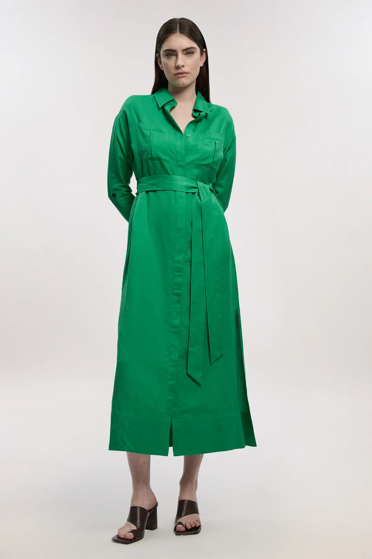Viscose Linen Woven Belted Shirt Dress | Karen Millen