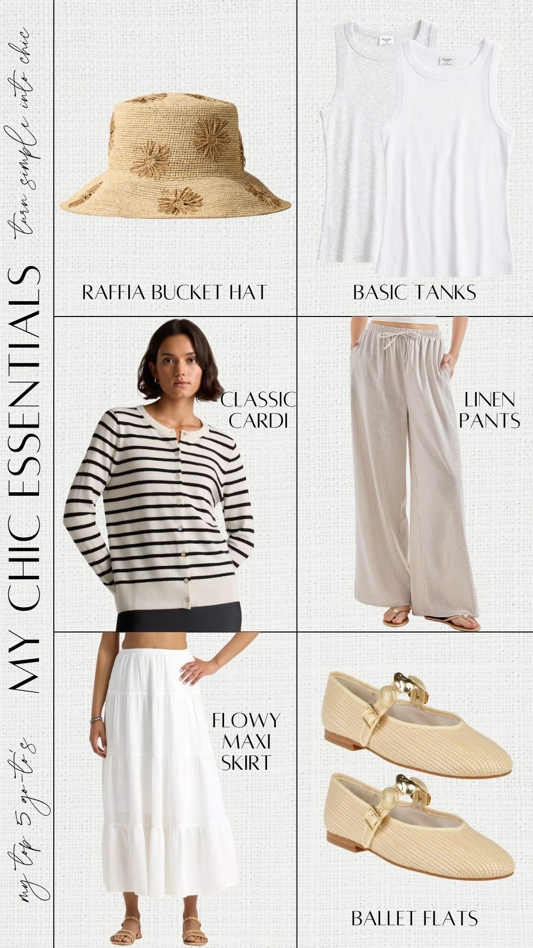 Chic Essentials for Summer transition to Fall outfits. 

Raffia bucket hat. Classic black and white striped button down sweater cardigan. White flowy gauze Maxi skirt. Raffia mary jane ballet flat. Flowy tan linen pants. Classic white basic tank tops. 

 #LTKSaleAlert #LTKFindsUnder50 #LTKStyleTip