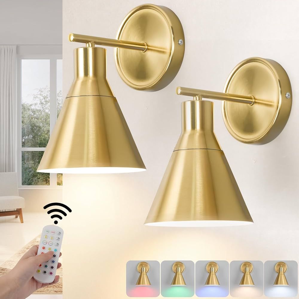 Gold Rechargeable Batttery Operated Wall Sconces Set of 2, Wireless Battery Powered Non Hardwired... | Amazon (US)