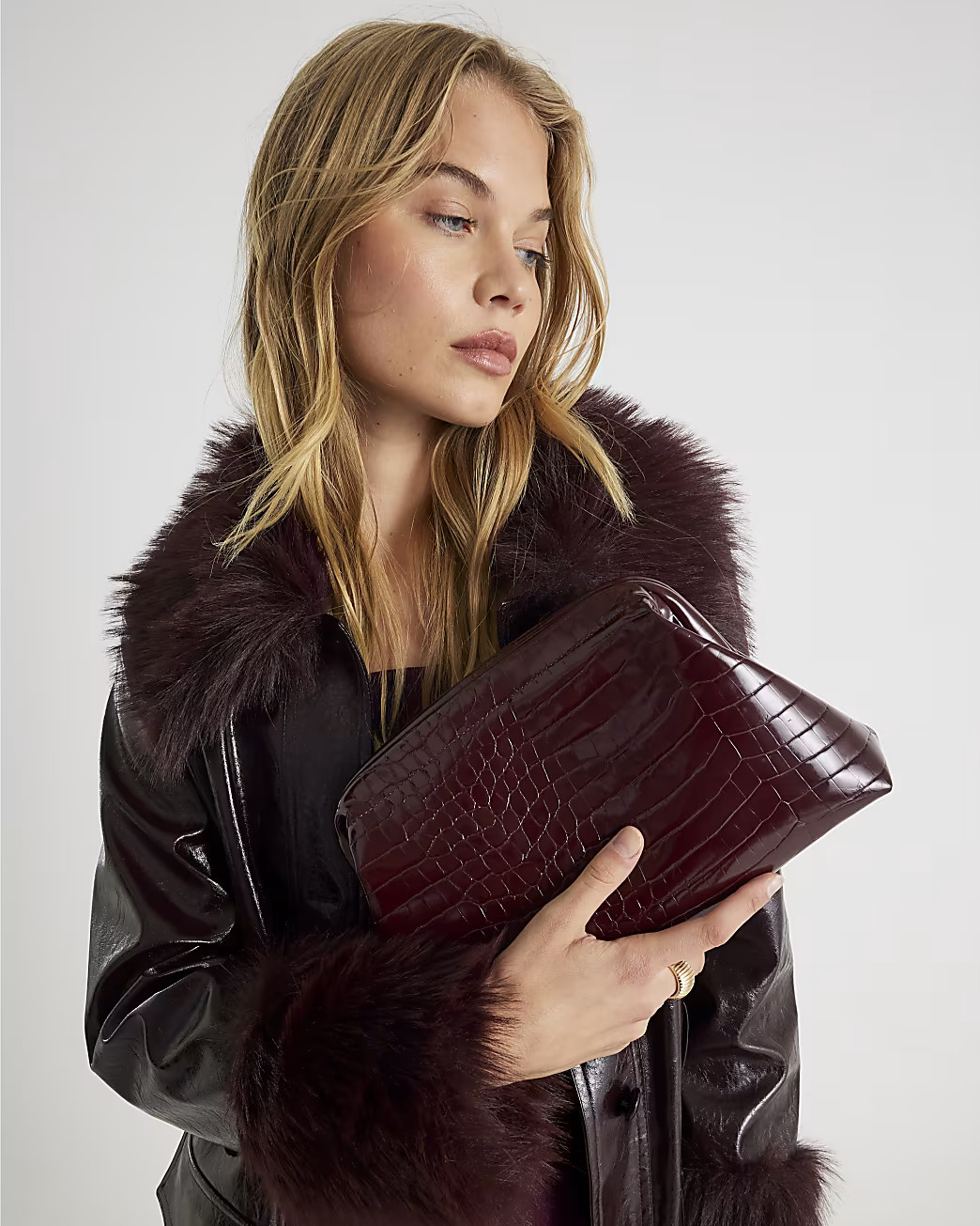 Red Croc Textured Patent Clutch Bag | River Island UK & IE