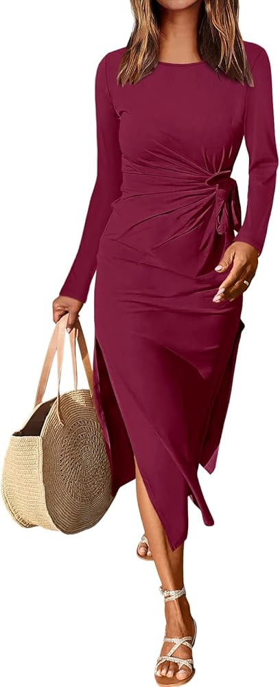 ANRABESS Womens 2025 Fall Long Sleeve Maxi Dress Crewneck Tie Waist Slit Casual Work Long T Shirt... | Amazon (US)