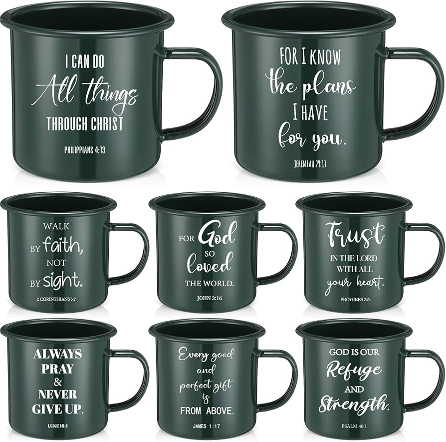 Yiyiring 8 Pcs Christian Enamel Mugs 16oz Religious Inspirational Christmas Coffee Mugs with Bibl... | Amazon (US)