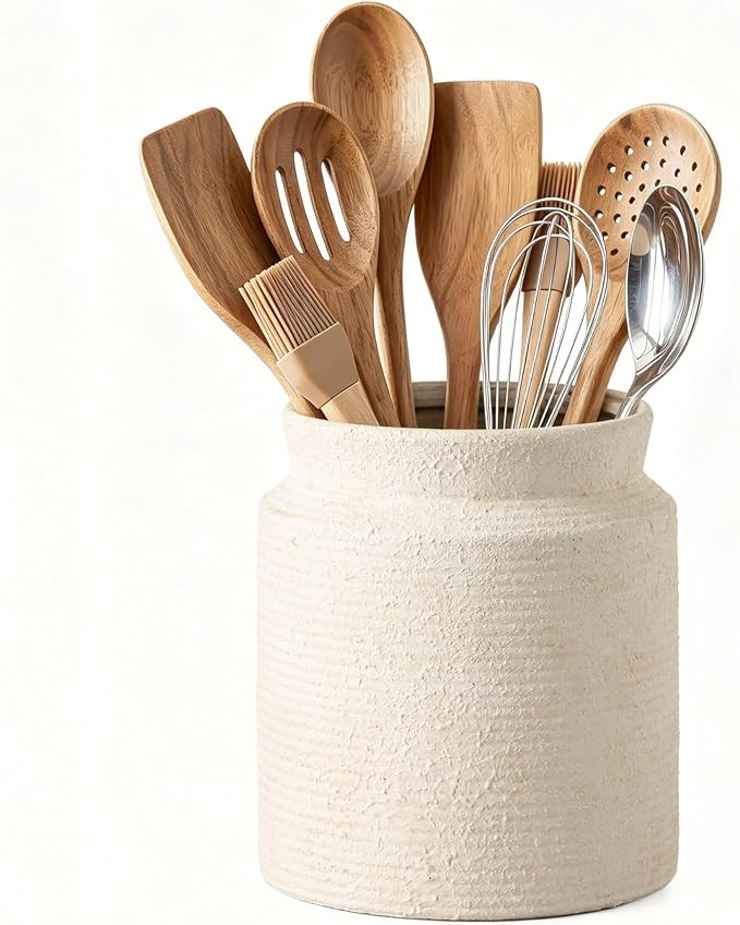 Rustic Utensil Holder for Kitchen Countertop - 7.6 inch Ceramic Utensil Crock Farmhouse Cooking U... | Amazon (US)