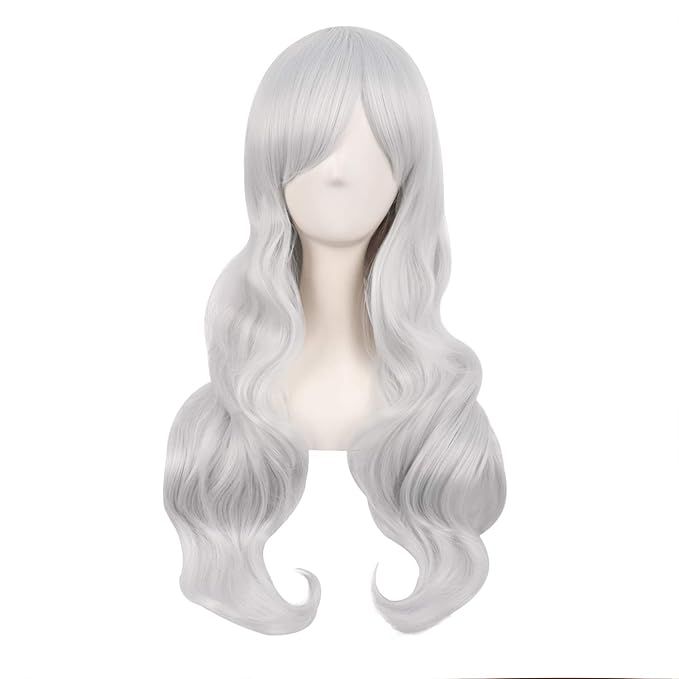 MapofBeauty 28 Inch/70cm Charming Women Side Bangs Long Curly Full Hair Synthetic Wig (Silver) | Amazon (US)