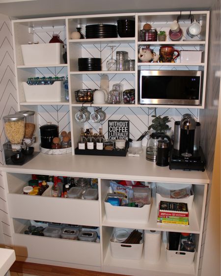 Pantry organizing 
Coffee station
Black accents
Plates
Cereal dispenser
Coffee machine
NESPRESSO
Food storage
Water
Wallpaper
Kitchen

#LTKhome
