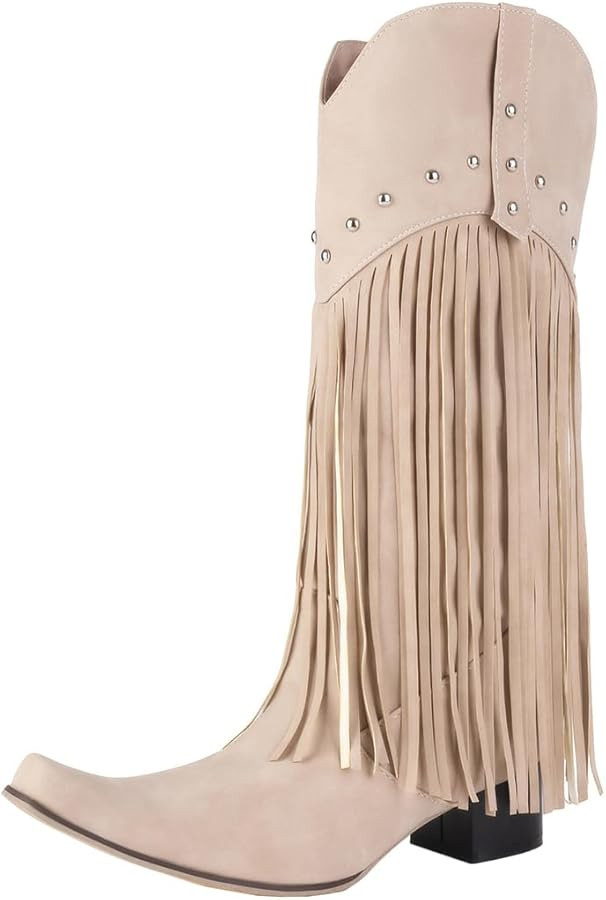 KiutSymo Mid Calf Fringe Boots For Women Cowboy Pointed Toe Chunky Heels Cowgirl Western Tassel B... | Amazon (US)