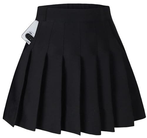SANGTREE Women's High Waisted Pleated Skater Tennis School A-Line Skirt Uniform Skirts with Lining Shorts, Black, US S | Amazon (US)