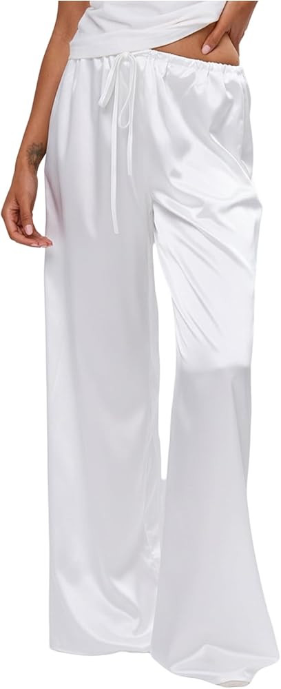 MakeMeChic Women's Summer Satin Silk Pants Casual Flowy Pants Beach Vacation Wide Leg Pants | Amazon (US)