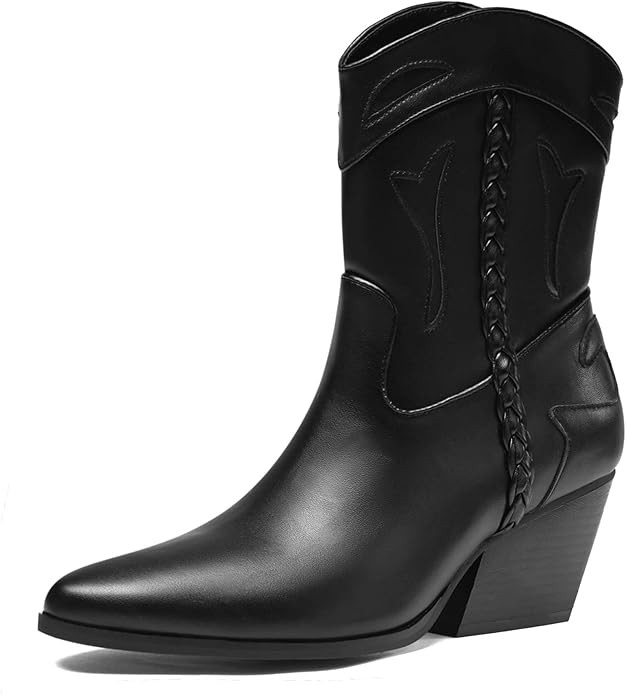 Coutgo Women's Cowboy Cutout Western Boots Braided Stacked Heel Pull-on Ankle Booties | Amazon (US)