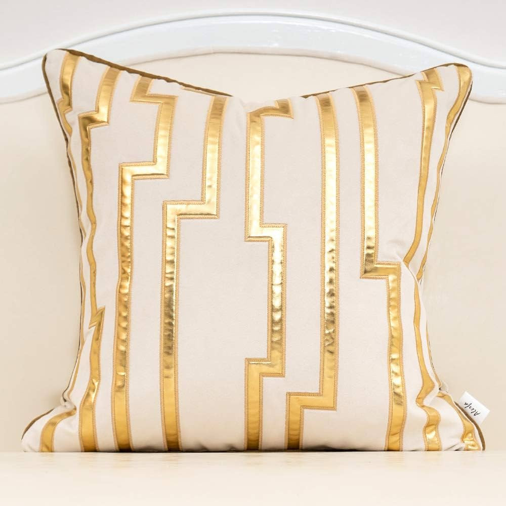 Alerfa 18 x 18 Inches White Geometric Gold Leather Striped Cushion Cases Luxury European Throw Pi... | Amazon (US)