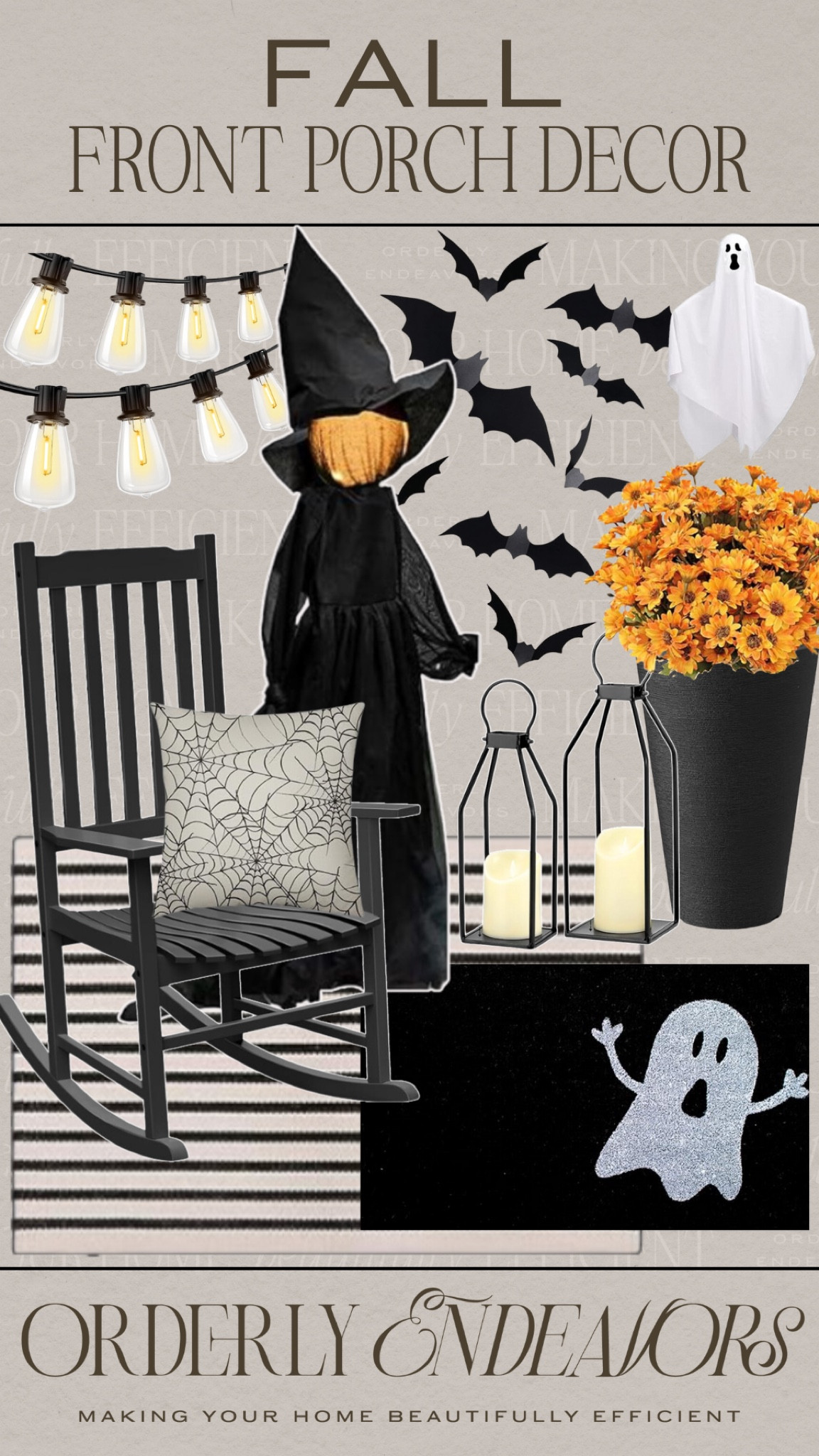 Fall front porch decor includes ghost doormat, outdoor rug, outdoor rocking chair, outdoor spiderweb pillow, outdoor lanterns, outdoor planter, faux flowers, ghost, decorative bars, decorative witches, outdoor string lights.

Home decor, fall porch decor, outdoor Halloween decor, porch decor 

#LTKHalloween #LTKFindsUnder100 #LTKHome