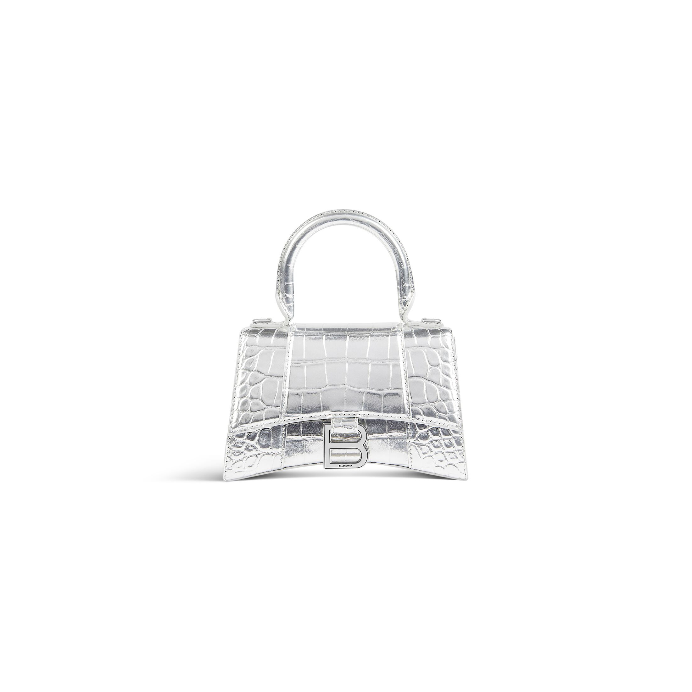 Women's Hourglass Xs Handbag Crocodile Embossed in Silver | Balenciaga