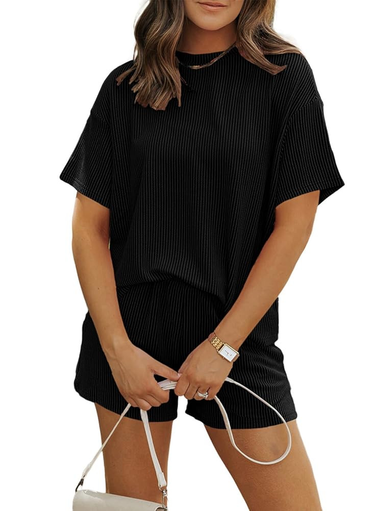 MARZXIN Women's 2 Piece Outfits Summer Tracksuit Ribbed Textured Knit Loose Lounge Shorts Set Sho... | Amazon (US)