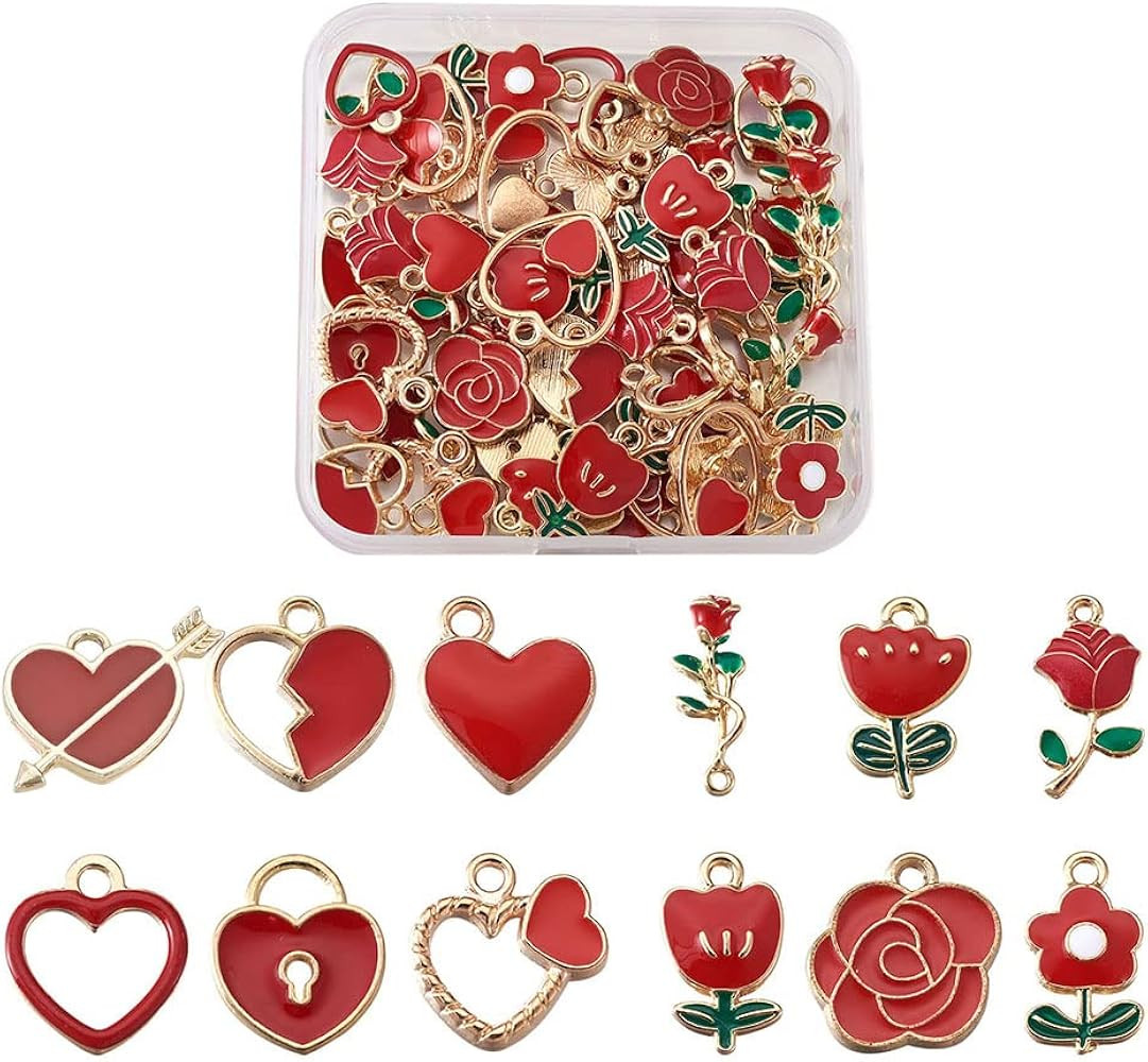 Beadthoven 72pcs Red Rose Flower Alloy Enamel Charm Red Love Heart Charm Pendants Valentines Day ... | Amazon (US)